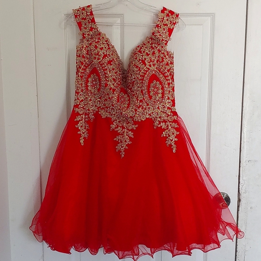 XL Red dress with gold detailing and little studs